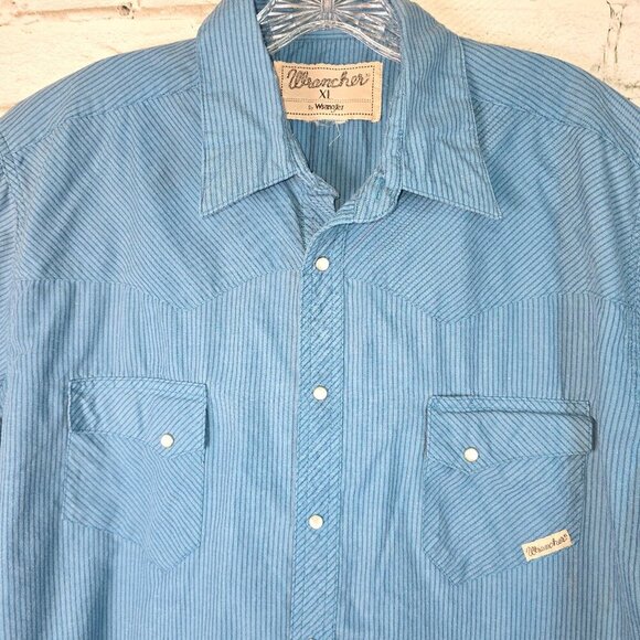 WRANGLER MENS BUTTON DOWN SHIRT SHORT SLEEVE PEARL SNAPS BLUE ON BLUE STRIPE XL - Picture 2 of 6